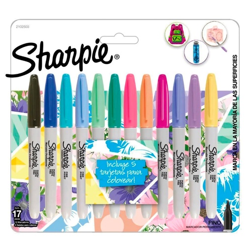 [2102503] Marcadores Pastel Sharpie Finos Tx12 (+5 Tarjetas para Colorear)